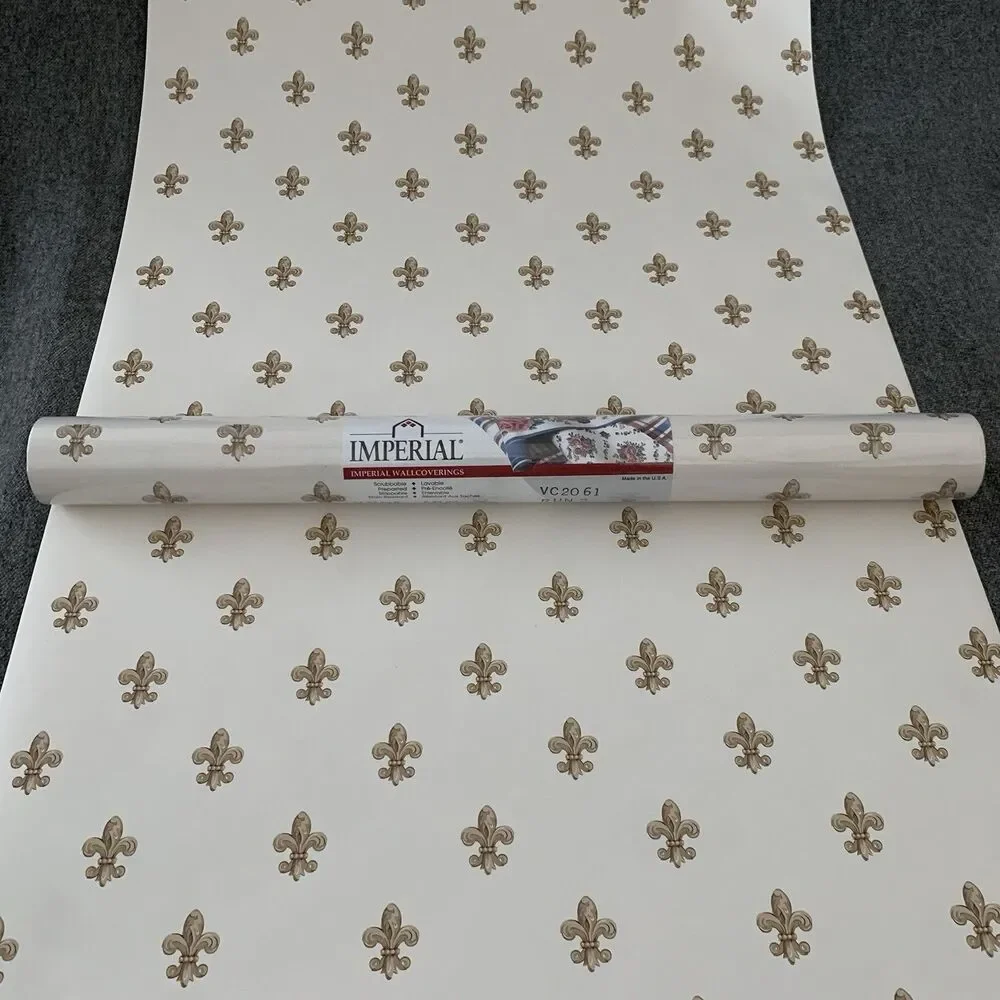 Imperial Fleur-De-lis Wallpaper Gold On Off White Background 20.5 X 11yds
